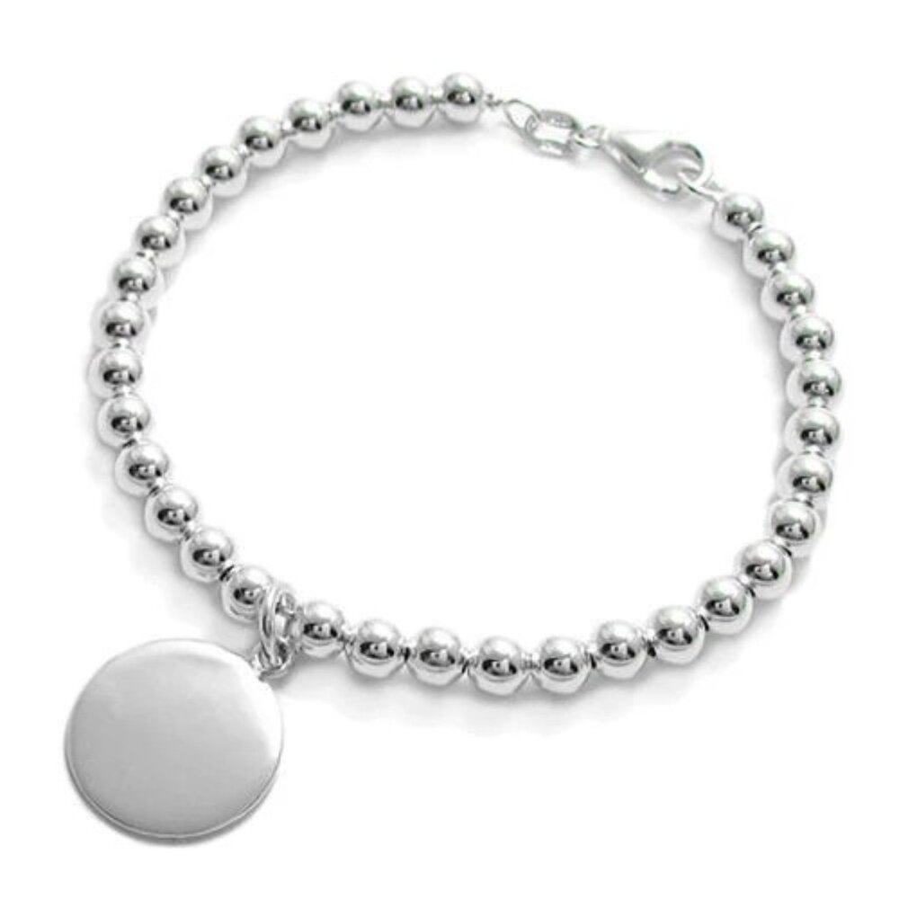 BEAUTIFUL STERLING SILVER 5MM BEAD BRACELET WITH ENGRAVABLE DISC - 7 INCH